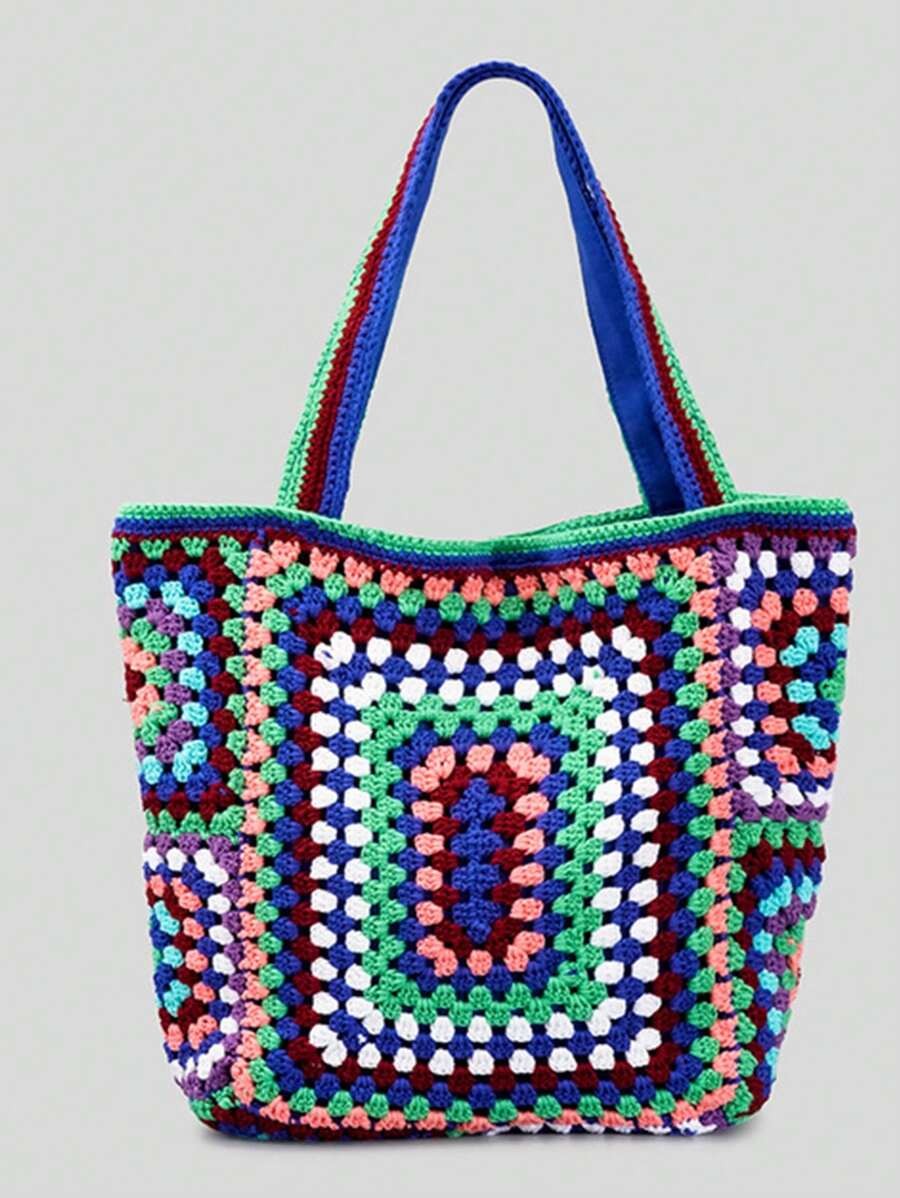 Colorblock Crochet Bag Contrast Binding Vacation Beach Bag