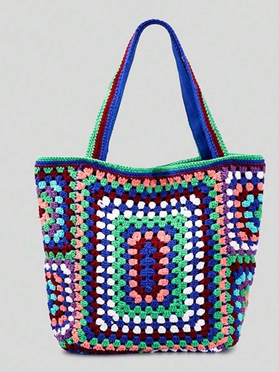 Colorblock Crochet Bag Contrast Binding Vacation Beach Bag