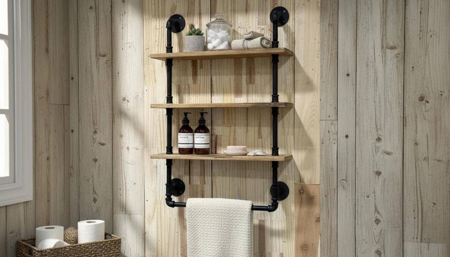 Industrial Pipe Towel Rack With Shelves, Rustic Wood, Black