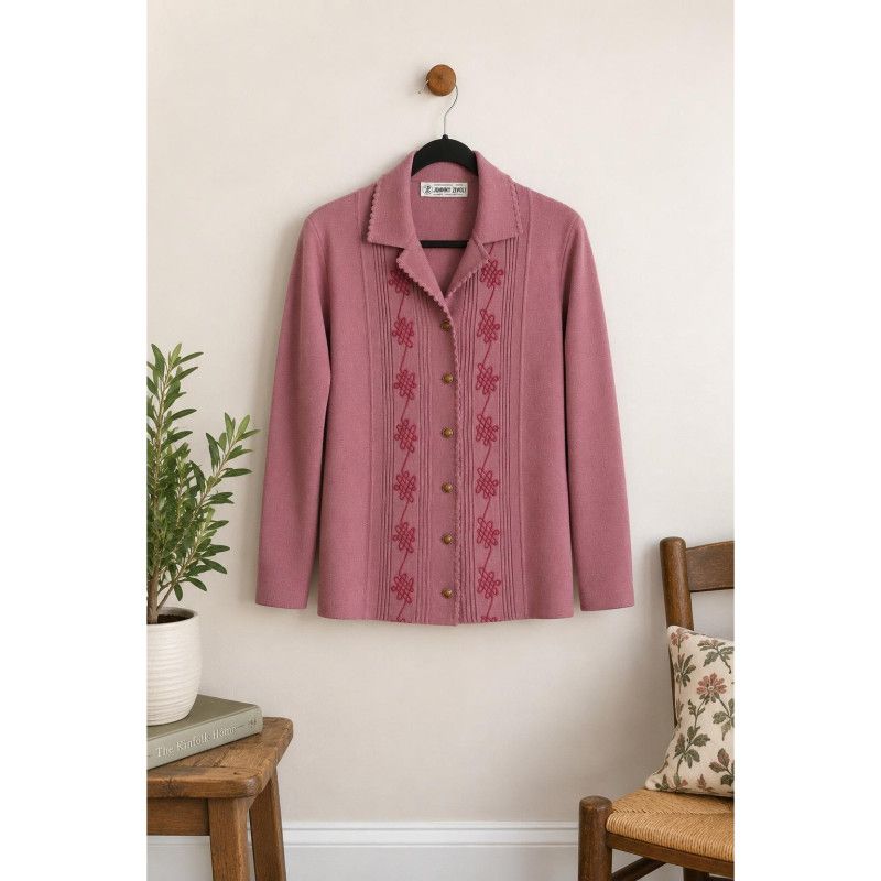Johnny Zivoli Vintage Italian Knit Cardigan Sweater Mauve Pink Embroidered Sz S