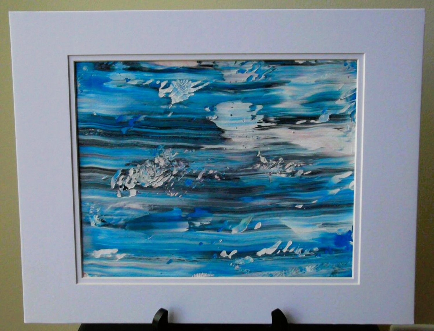 Wall Art Original Abstract Winter Blue Acrylic Painting in White Mat