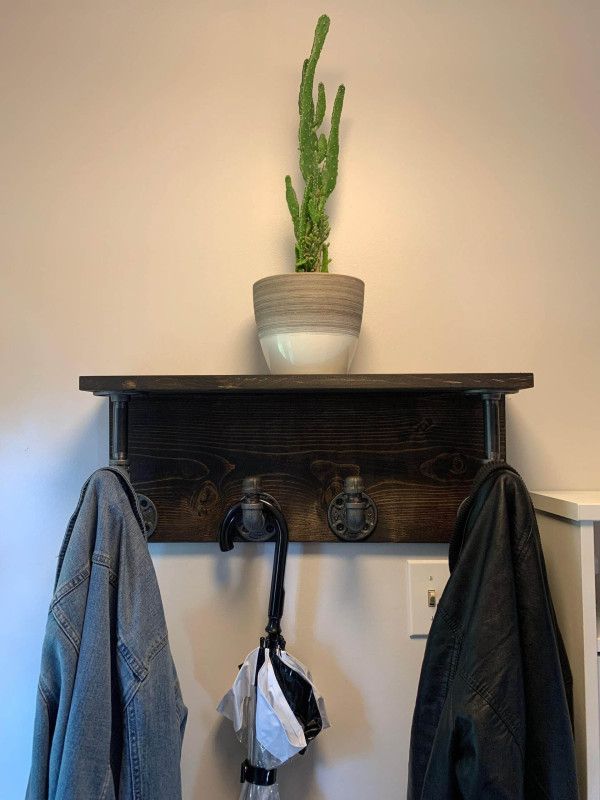 Industrial Coat Rack with Shelf: Knotty Pine Wall Mount