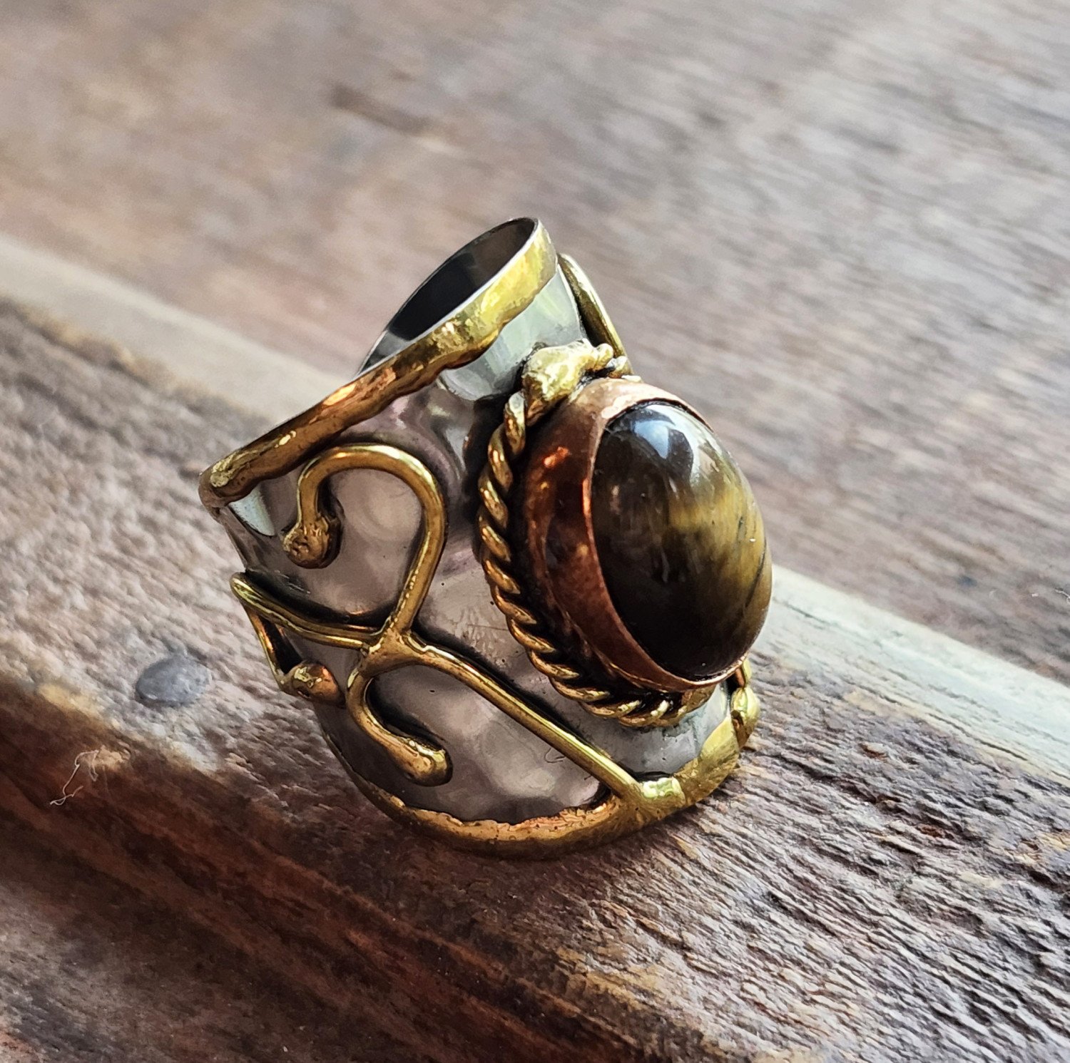 Silver Artisan Handmade Tiger's Eye Gemstone Ring. Adjustable Fit. Medieval Aesthetic Poured Brass Overlay Motif. Unique & One of a Kind.