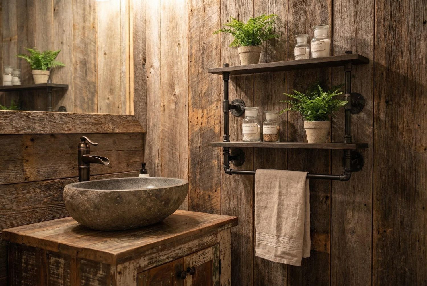 Industrial Look 2 tier wood shelf with towel rack