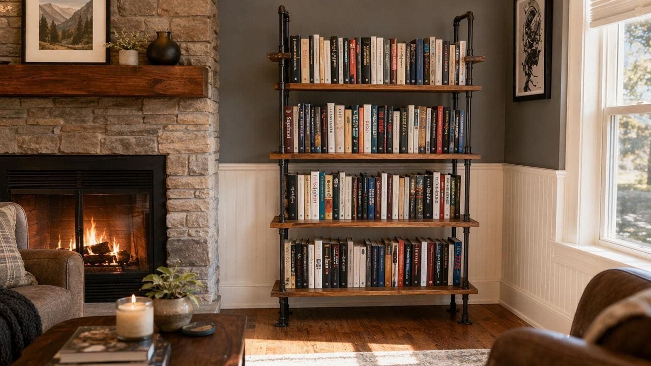 5 shelf Industrial style bookshelf-Tall bookcase-rustic book storage