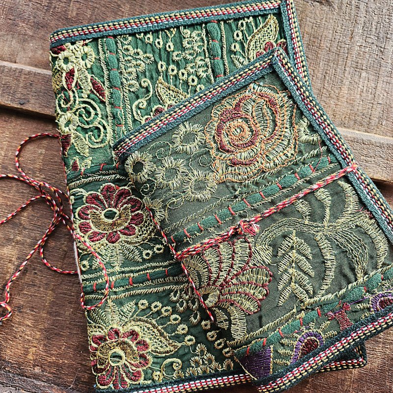 Set of 2 Green & Rust Handmade Journals with Unique Textile Art Collage Covers. Color Coordinated Pair of 10 and 7 inch Blank Books.