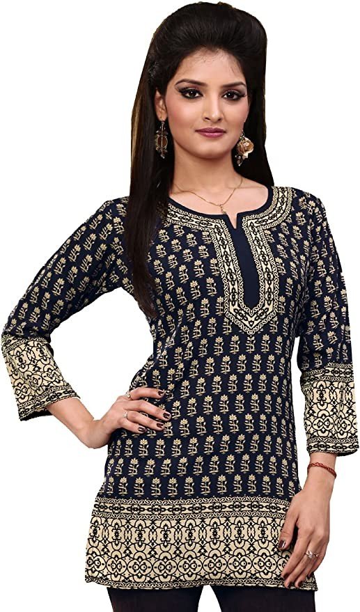 Black Women's Printed Tunic Short Kurti Kurta