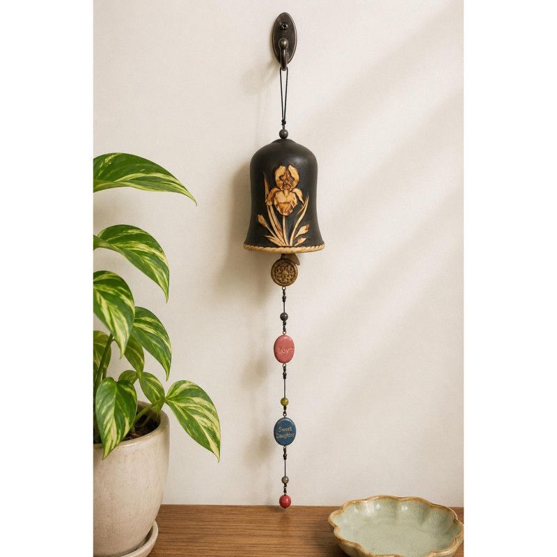 Handcrafted Clay Bell Floral Iris Beaded Stone Hanging Chime Boho Folk Art Hippy