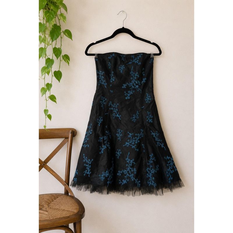 Vintage 90s Jessica McClintock Gunne Sax Strapless Blue Floral Prom Dress Size 9