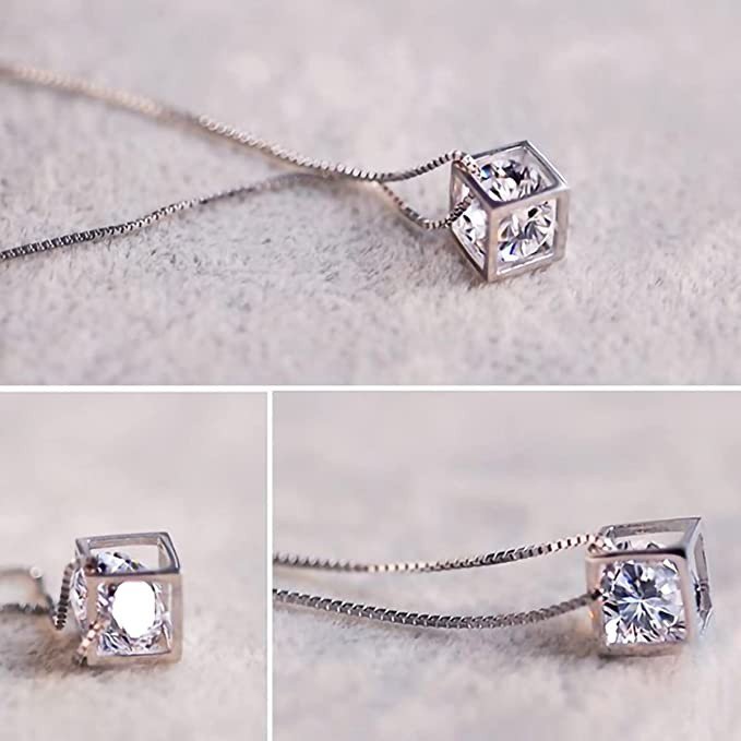925 Sterling Silver Round Cut Created Diamond Cube Pendant Necklace for Women 18k White Gold Plated