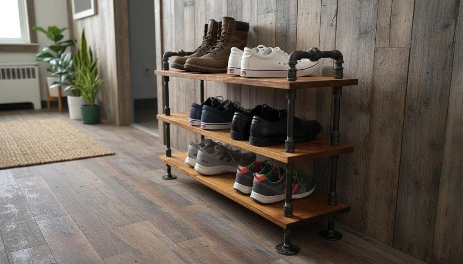 Industrial Shoe Rack, Steampunk Decor Entryway Organizer, Rustic Wood, Union Style Handles
