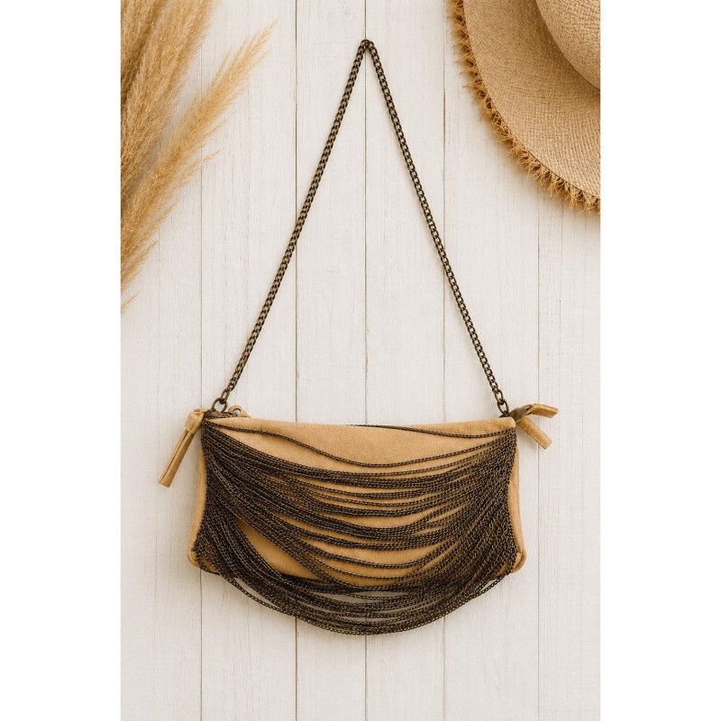Industry Tan Suede Leather Chain Strap Crossbody Purse Western Festival Rodeo