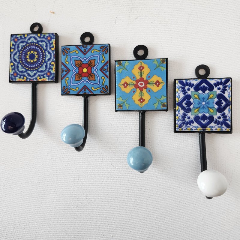 Set of 4 Home Decor Wall Hooks. Botanica 4 Collection in Sunny Blues & Yellows.