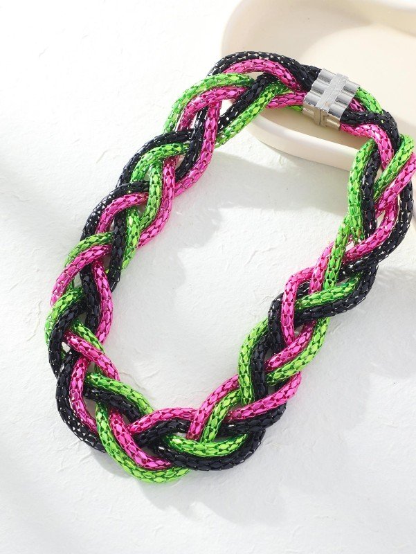 1pc American Style Fashionable Simple Woven Metallic Chain Personality Necklace For Women