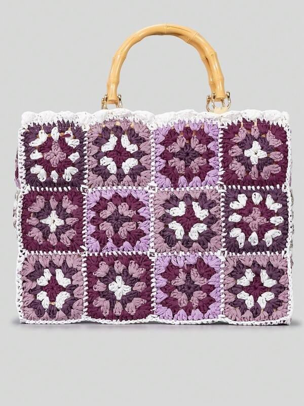 Floral Graphic Tote Bag Double Handle Crochet Bag