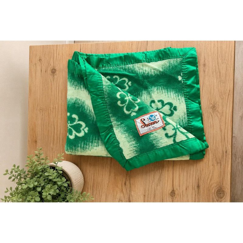 Vintage Swan Emerald Green Clover Ikat Rayon Throw Blanket Satin Trim Cozy Bold