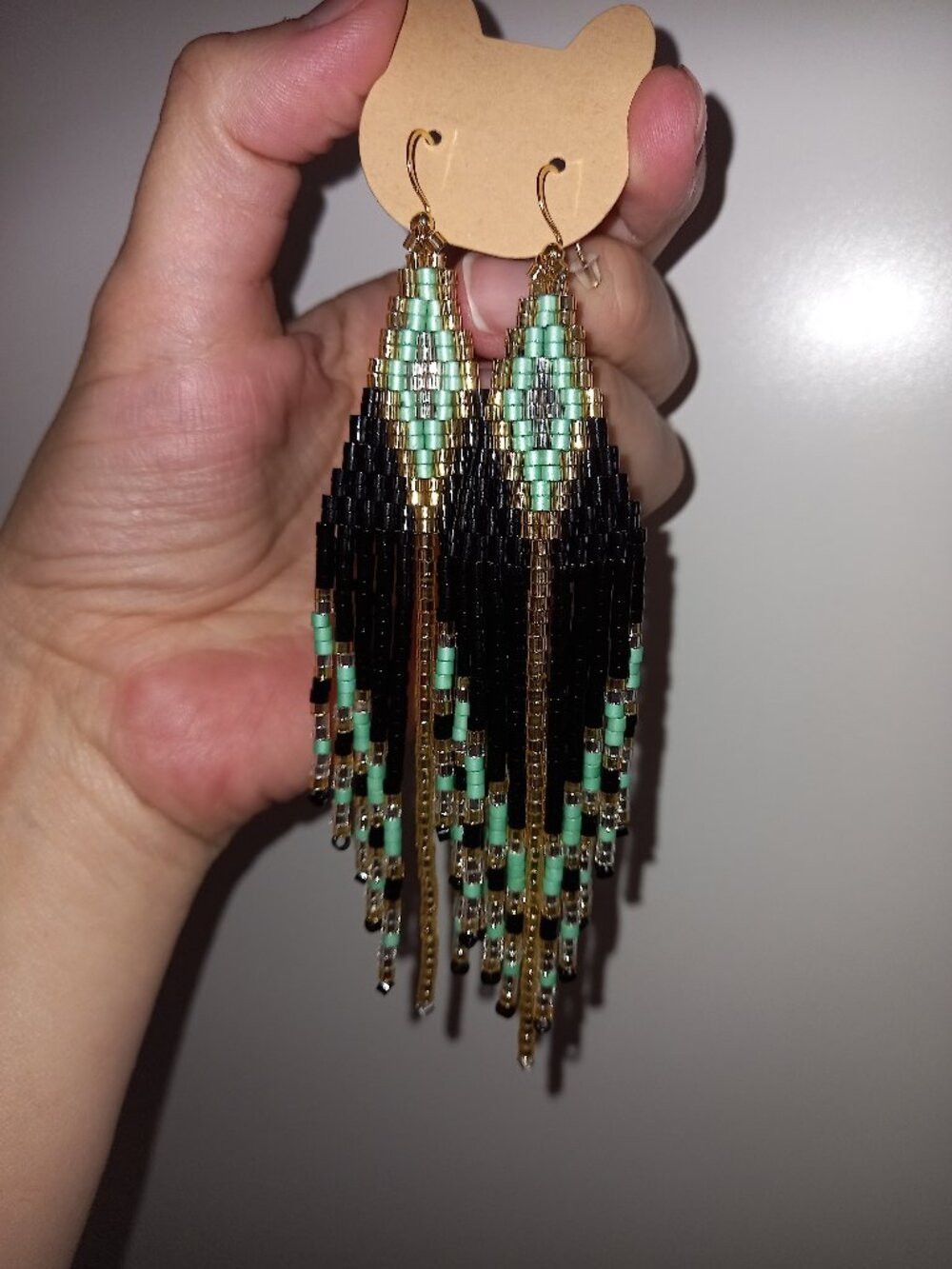 Extra Long Geometric Black, Gold & Mint Beaded Fringe Earrings