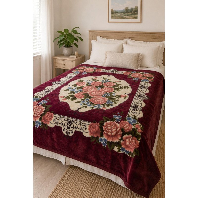 Vtg Korean Mink Blanket Burgundy Floral Victorian Grandmillennial Plush Throw