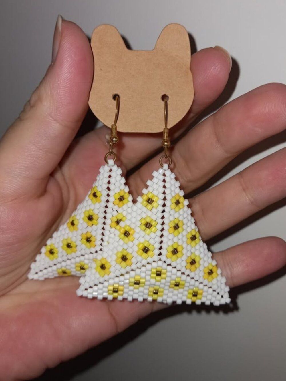 [DISCOUNTED] Yellow Floral Geometric 3D Triangle Beaded Earrings - Gold Accent