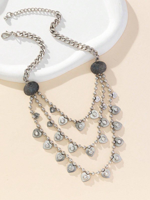 1pc Fashionable Vintage Heart Multi-Layered Metal Chain Bib Necklace For Women
