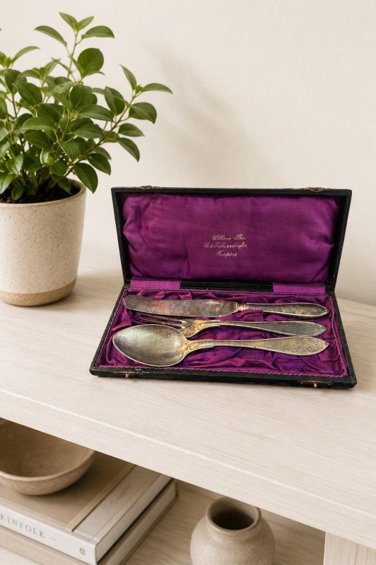 Vtg Swedish Travel Cutlery Set Alpaka Silver Purple Velvet Case Mid Century Thor