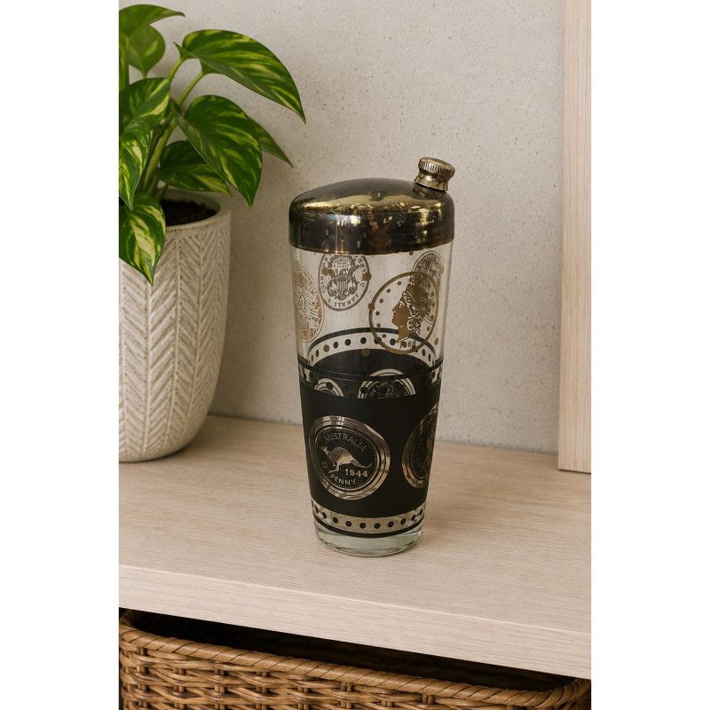 Vintage Libbey Coins of the World Cocktail Shaker Black Gold MCM Barware 9"