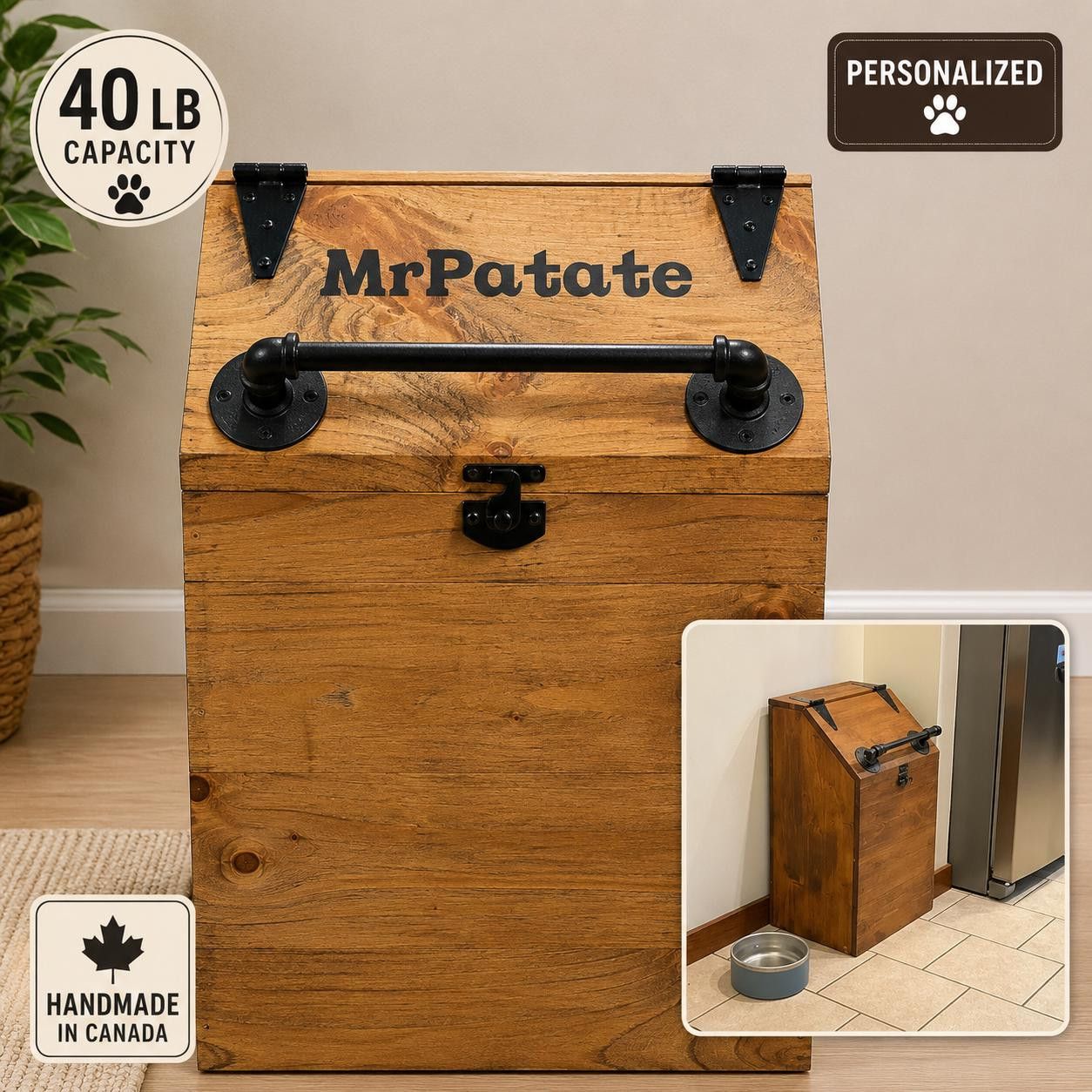 Wooden Farmhouse Dog Food Storage Bin | Personalized Pet Food Container (40 lb Capacity)
