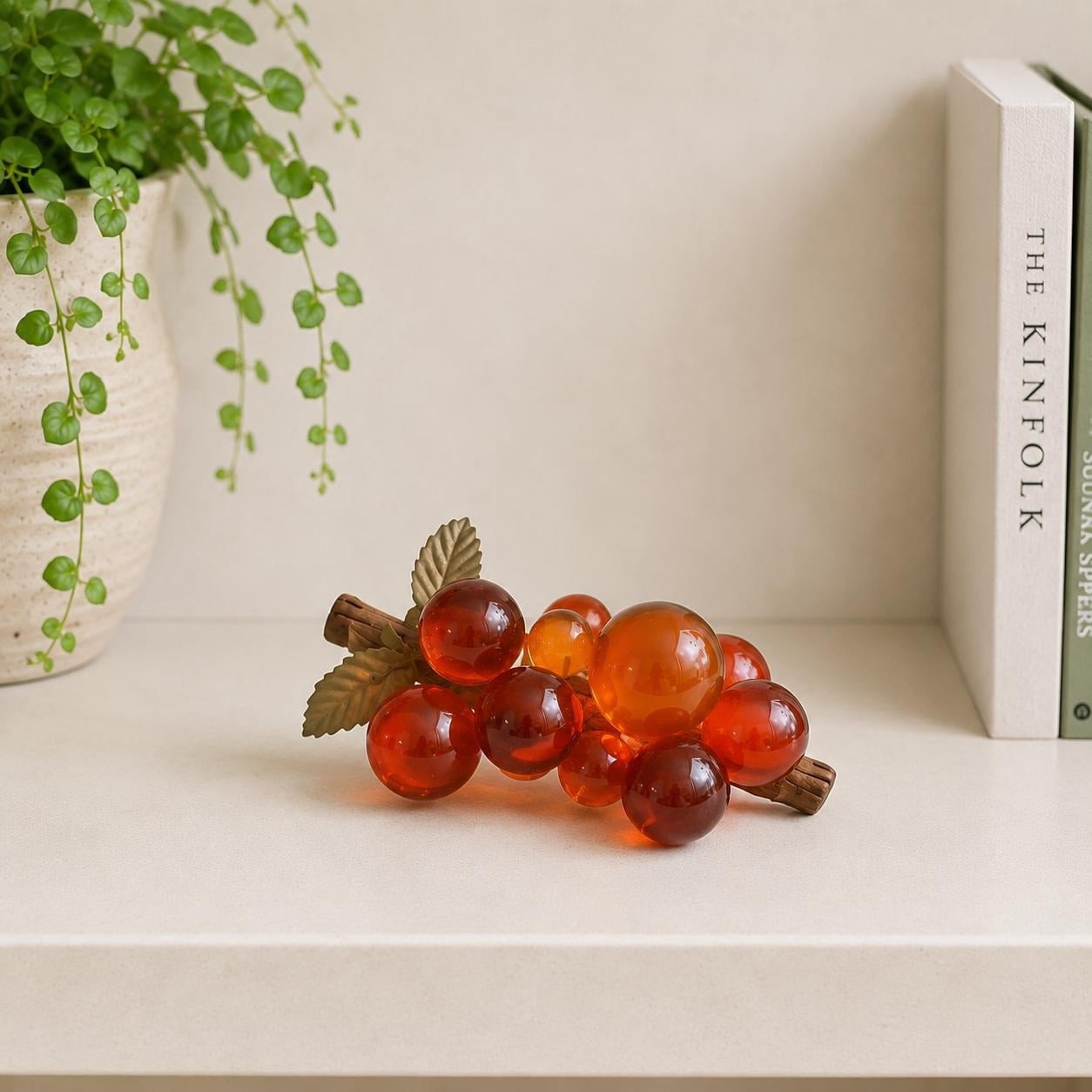 Vintage Orange Lucite Grape Cluster Driftwood Stem MCM 70s Decor Autumn Retro