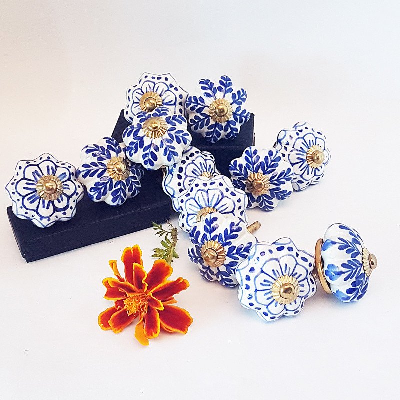 Set of 12 Delft Style Blue & White Cabinet Knob Drawer Pulls.
