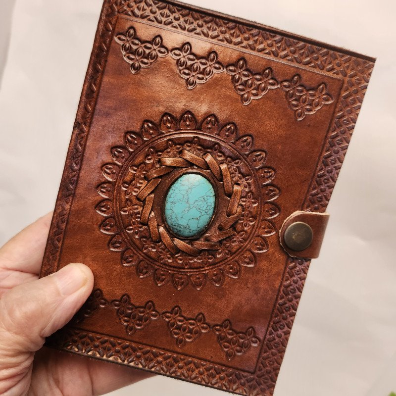 Brown Leather Bound Blank Page Journal with a Turquoise Center Gemstone. Medium 6 inch Size. For writing, trip diary, sketches & doodles.
