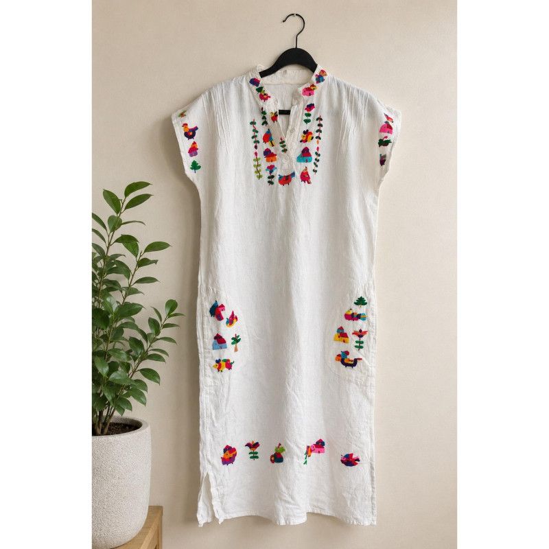 Handmade Embroidered Folk Art Cotton Gauze Midi Dress White Boho Kaftan Small