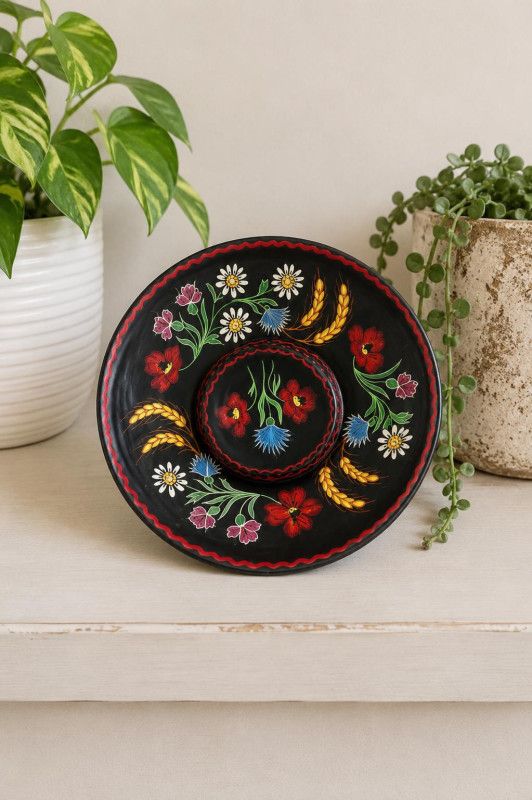 Antique Hungarian Folk Pottery Black Clay Floral Bowl Plate Cottagecore Decor