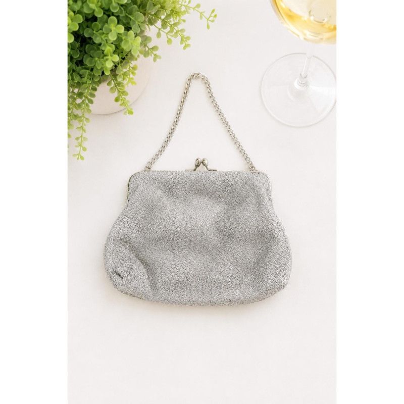 Vintage Silver Glitter Evening Bag Kiss Lock Chain Handle Wedding Cocktail Purse