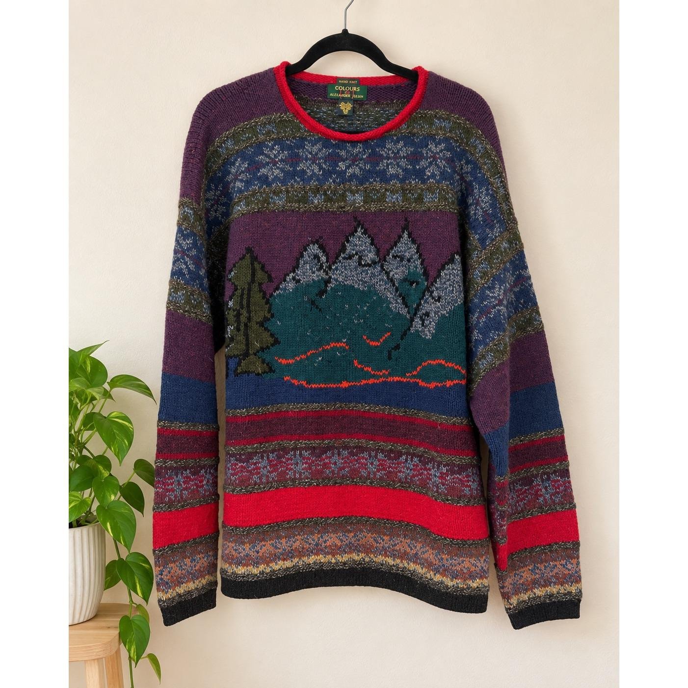 Vintage Colours Alexander Julian Shetland Wool Mountain Sweater Men's XL Rare