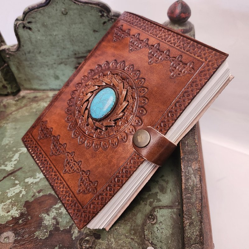 Brown Leather Bound Blank Page Journal with a Turquoise Center Gemstone. Medium 6 inch Size. For writing, trip diary, sketches & doodles.