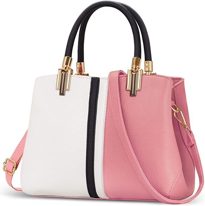 TIBES Top-Handle Handbag Stitching Purse for Women Girls Tote Satchel Shoulder Bags Black