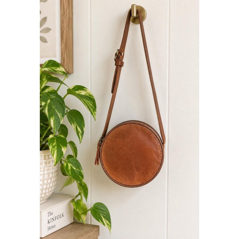 Vintage Left Foot Leathers Brown Leather Round Crossbody Bag Boho Hippie