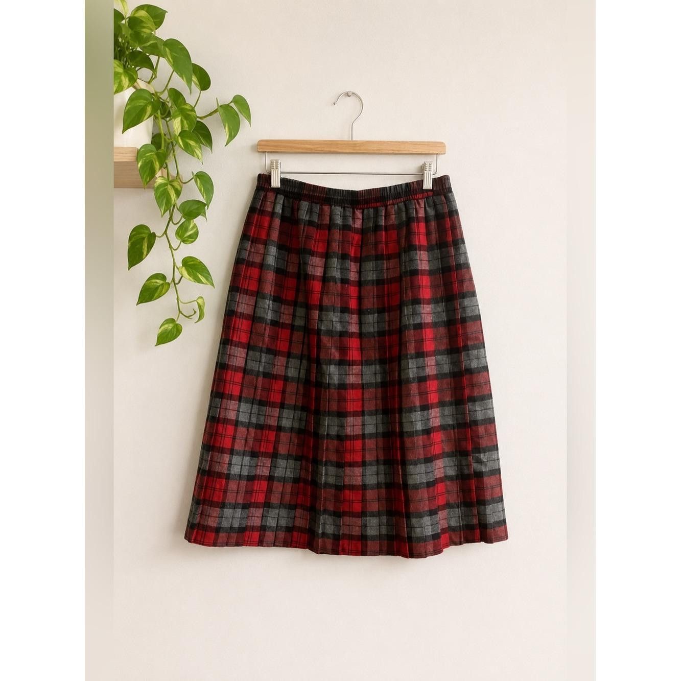 Vintage Fairset Red Gray Plaid Midi Skirt Preppy Academia Collegiate Wool Blend