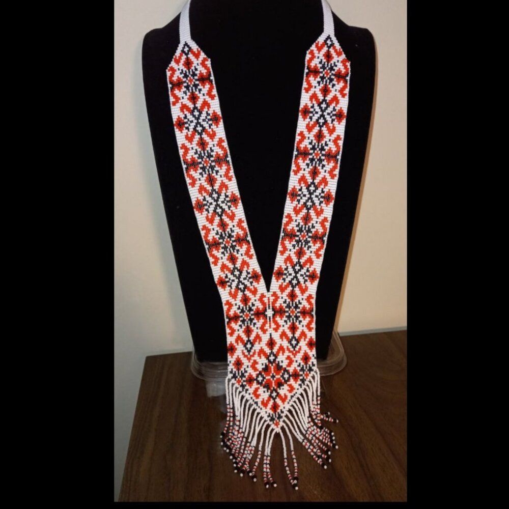 [MADE TO ORDER] Traditional Ukrainian Beaded Gerdan Necklace - Red Black White Ethnic Folk Jewelry