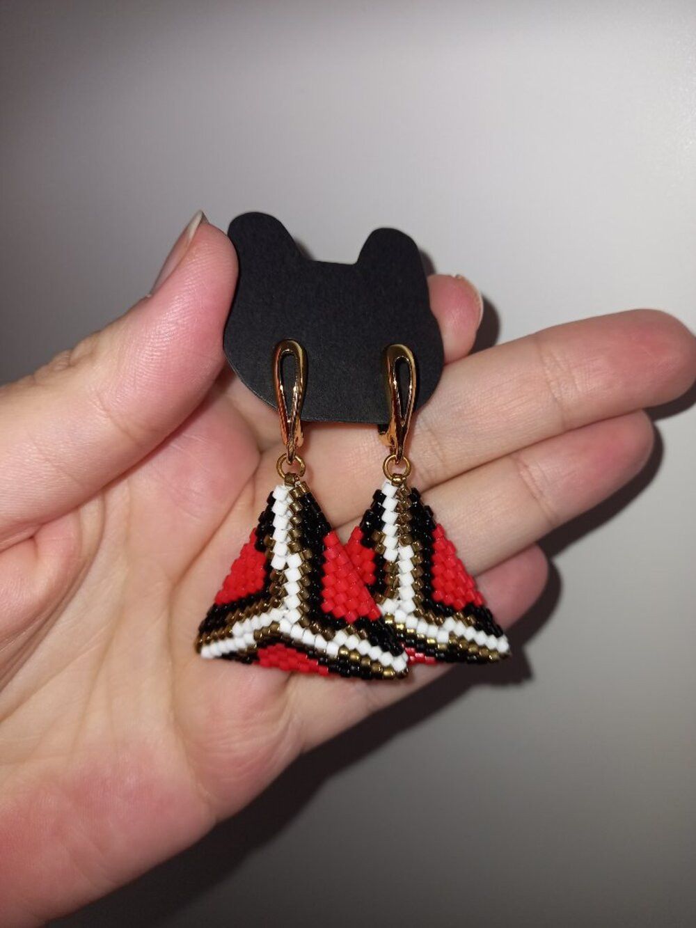 Red Snake Path Double-Sided 3D Beaded Triangle Earrings - 18K Gold Plated Statement Jewelry