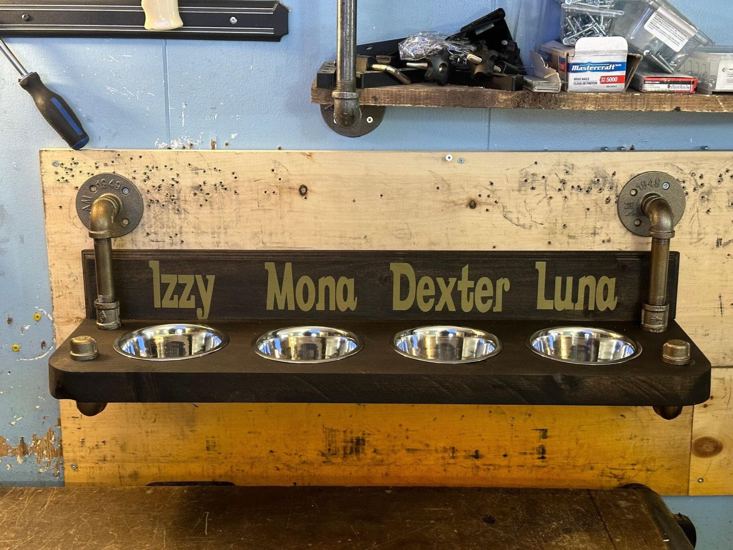 Floating 1 , 2 or 3 bowl industrial style dog bowl feeder top mount with pressure gauge-Free Personalization Included-NEW LOWER PRICING