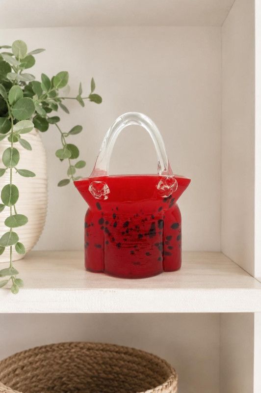 Art Glass Hand Blown Red Purse Vase Handbag Planter Decorative Accent Bright