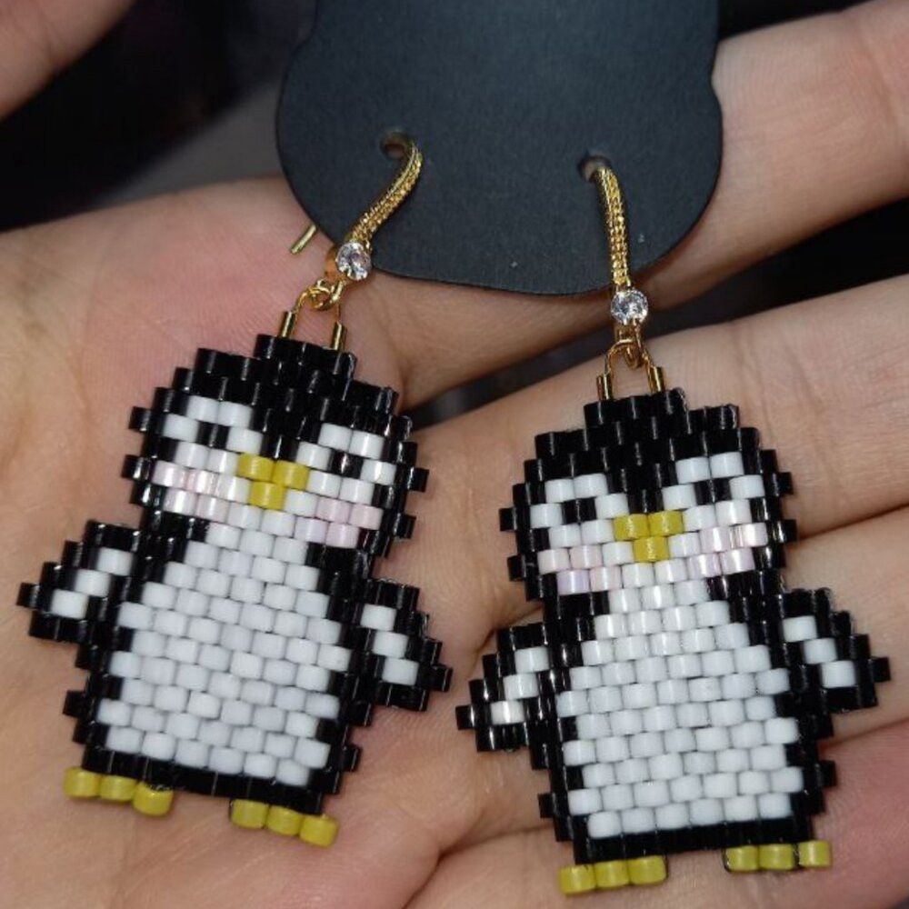 Cute Beaded Penguin Earrings - 18K Gold Plated CZ Hooks