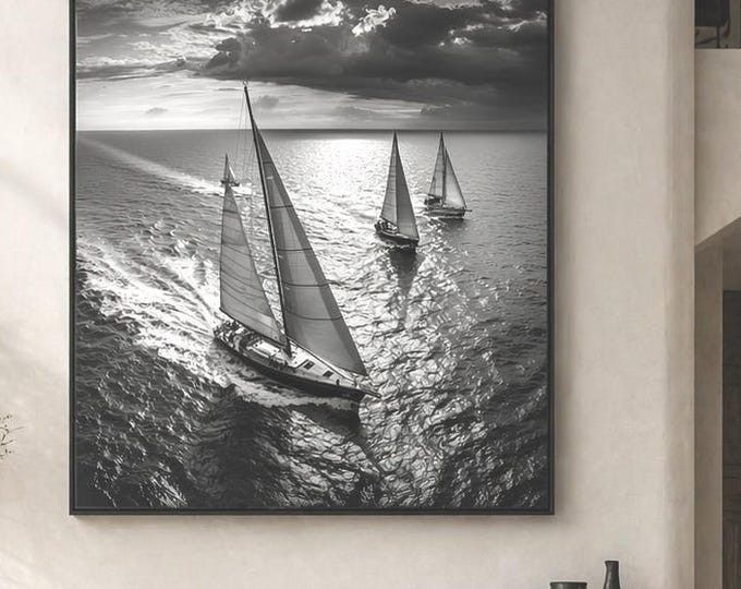 Sailing Yacht Photograph Black White Print Download Nautical Wall Art Ocean Racing Image Maritime Home Gift Men Boat Regatta Scene Digital