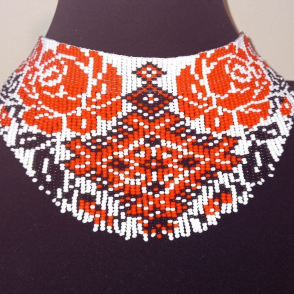 Beaded Fringed Choker with Rose Motifs • Czech Beads • Stainless Steel