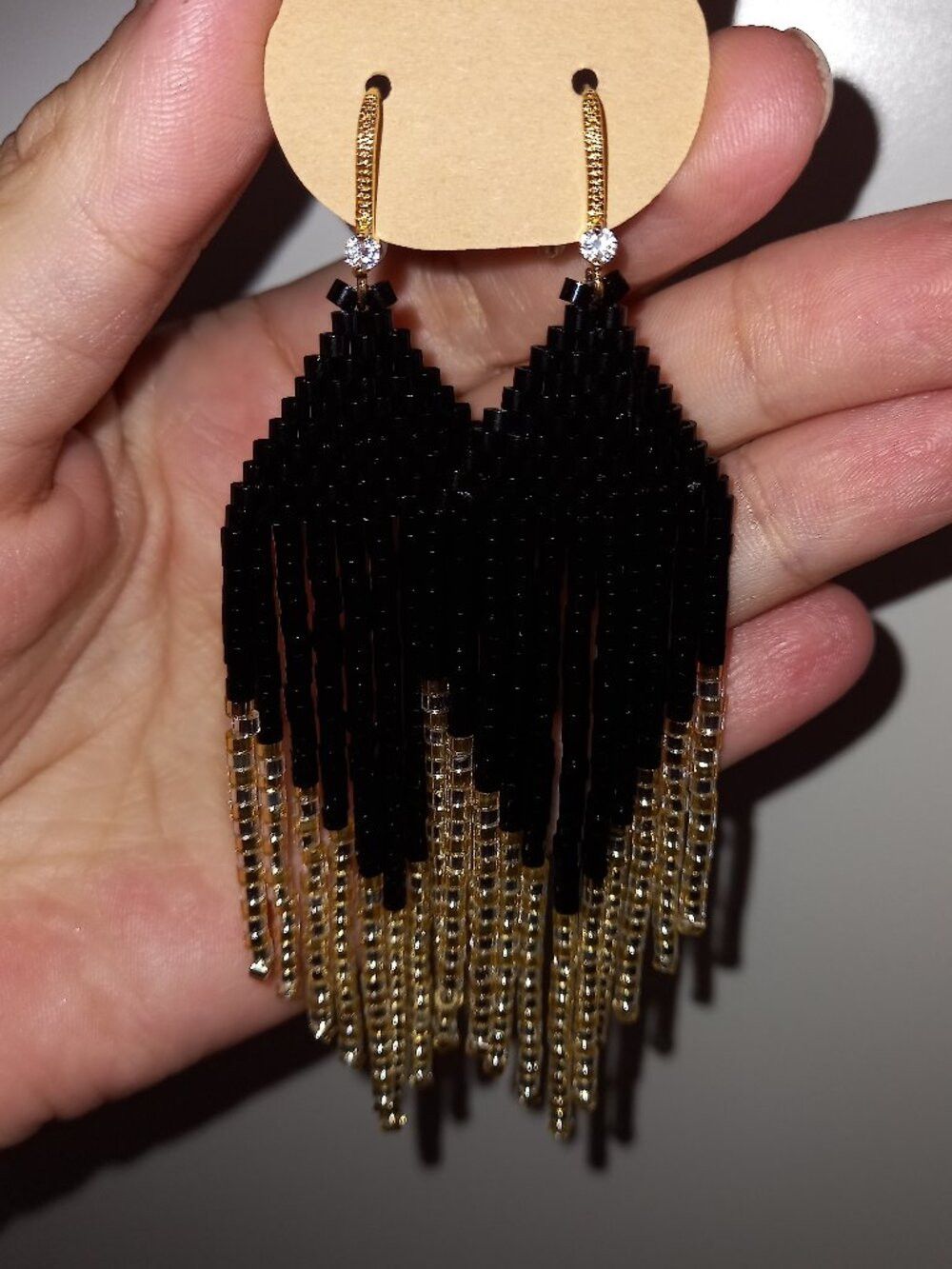 NWT Handmade 18K Gold Plated Cubic Zirconia Beaded Fringe Earrings Long