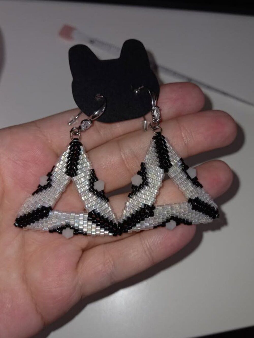 Geometric Triangle Beaded Earrings with RhodiumPlated hooks & Cubic Zirconia