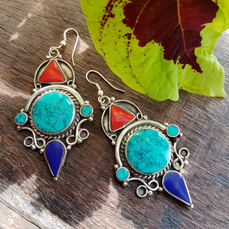 Tibetan Gemstone Dangle Earrings. Silver With Turquoise, Coraline & Cobalt Blue Lapis Lazuli. Light weight. 2.5 inches by 1.25 inches.